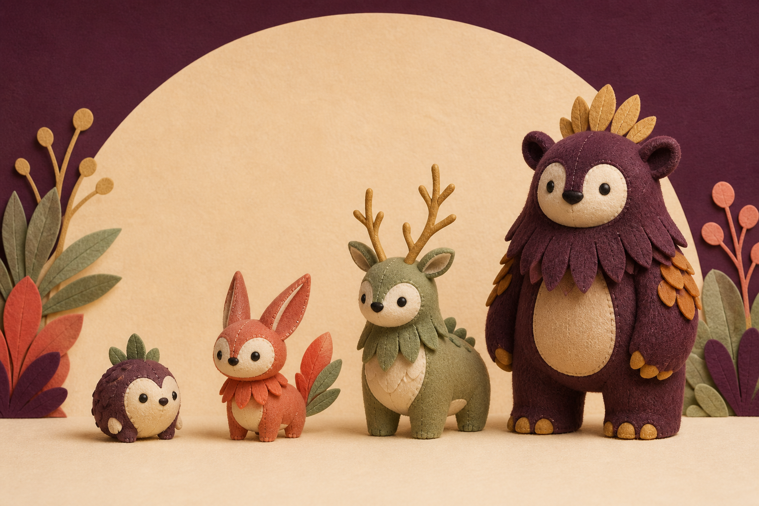 Four original plush creatures arranged from smallest to largest.